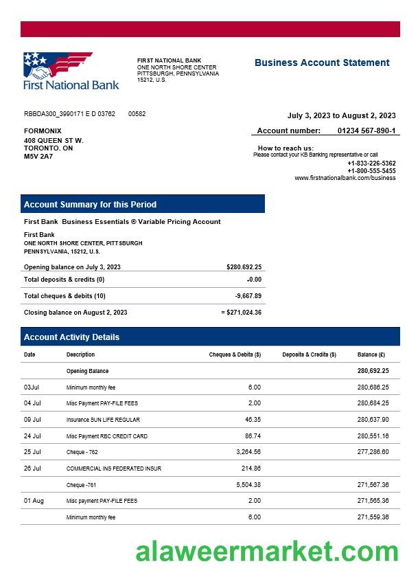First National Bank firm statement Word and PDF template
